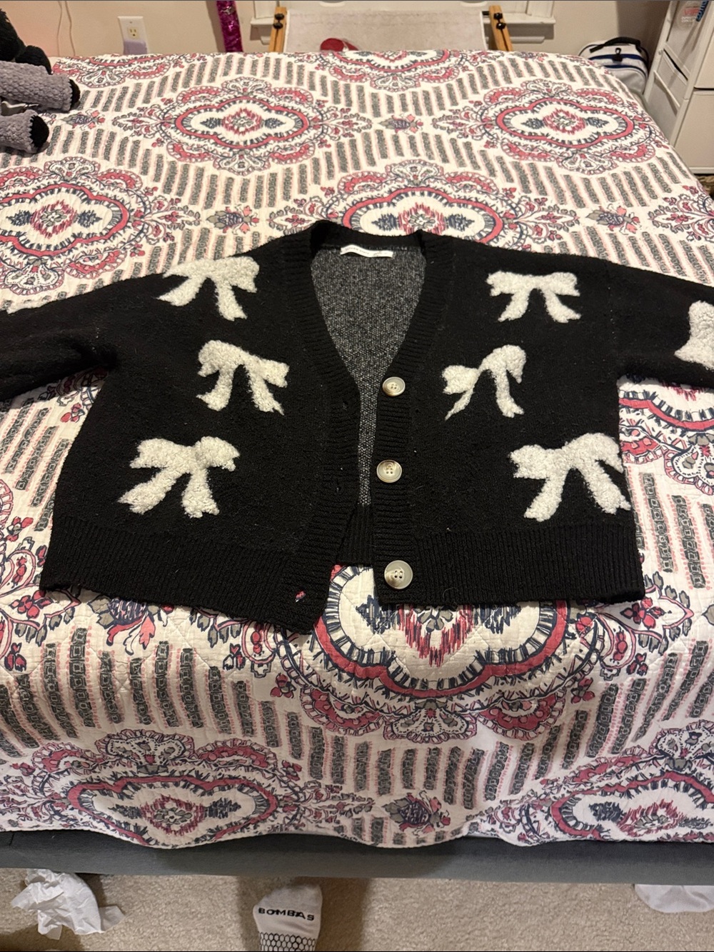 Altar'd State Black Cardigan with Cream Bow Motifs